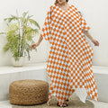 Orange And White Checkered Pattern Print Silk V-Neck Kaftan Dress