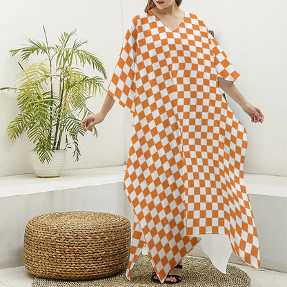 Orange And White Checkered Pattern Print Silk V-Neck Kaftan Dress