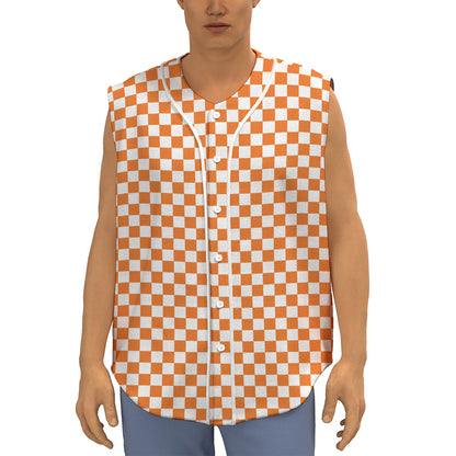 Orange And White Checkered Pattern Print Sleeveless Baseball Jersey