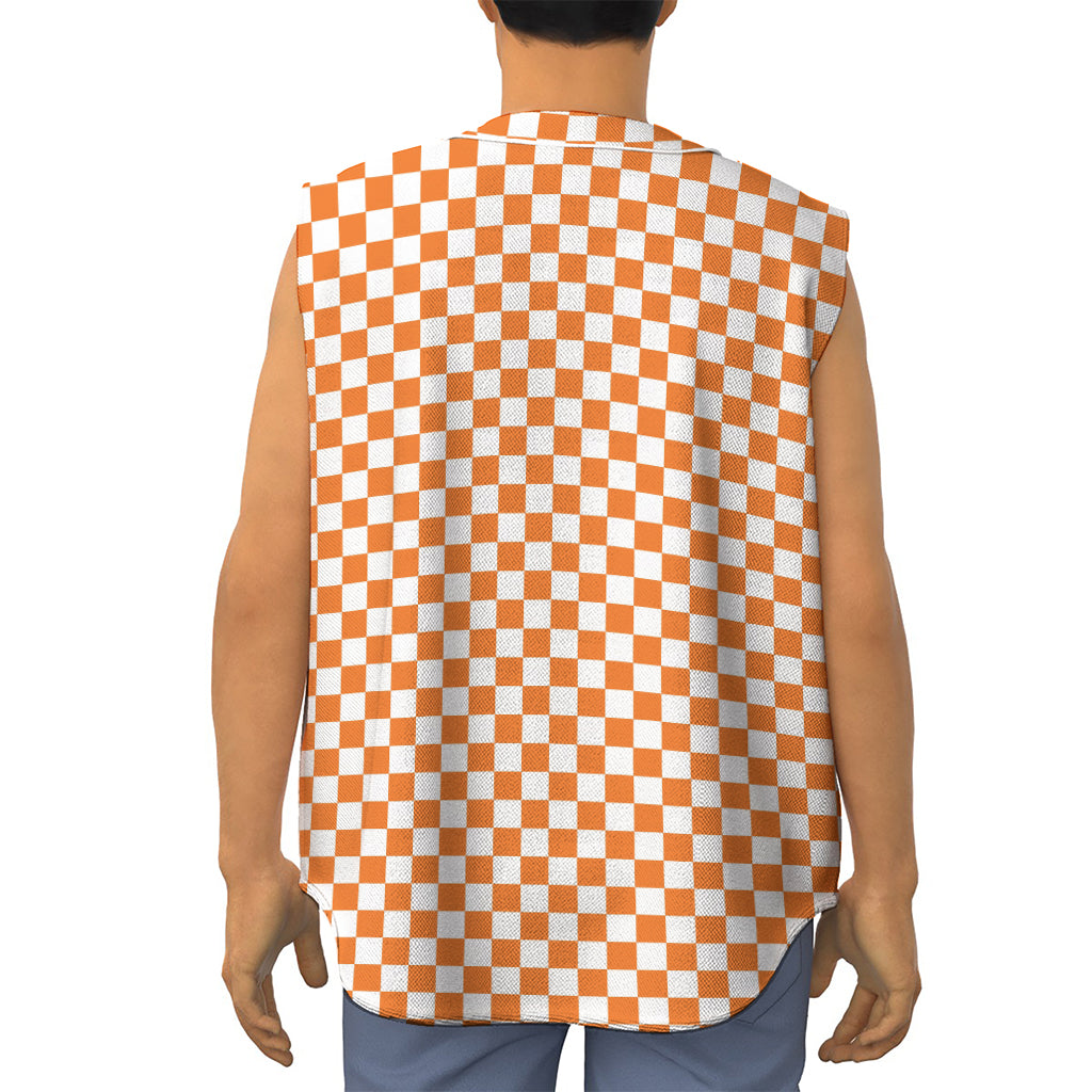 Orange And White Checkered Pattern Print Sleeveless Baseball Jersey
