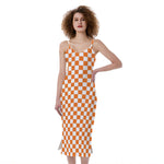 Orange And White Checkered Pattern Print Slim Fit Midi Cami Dress