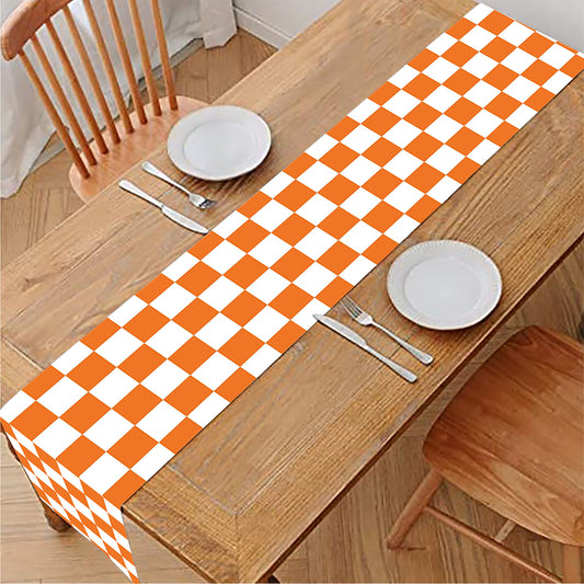 Orange And White Checkered Pattern Print Table Runner