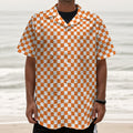 Orange And White Checkered Pattern Print Textured Short Sleeve Shirt