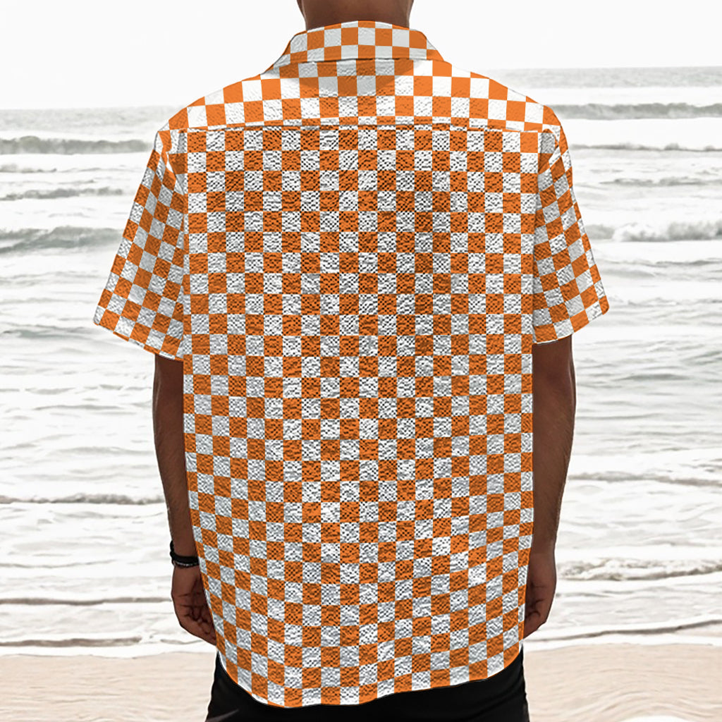Orange And White Checkered Pattern Print Textured Short Sleeve Shirt