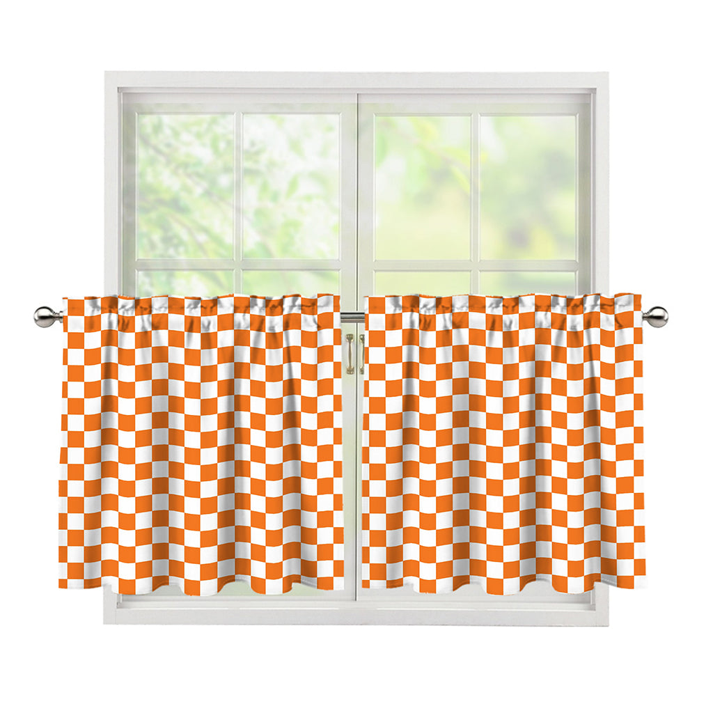 Orange And White Checkered Pattern Print Tier Curtains