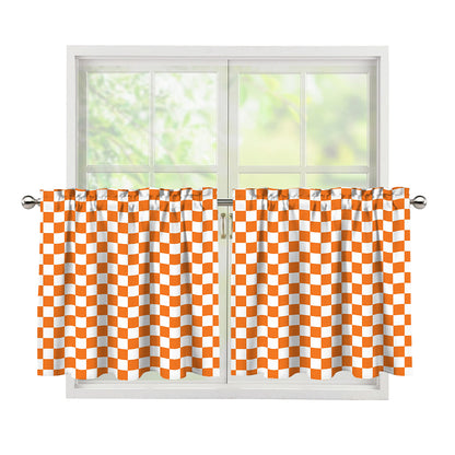 Orange And White Checkered Pattern Print Tier Curtains