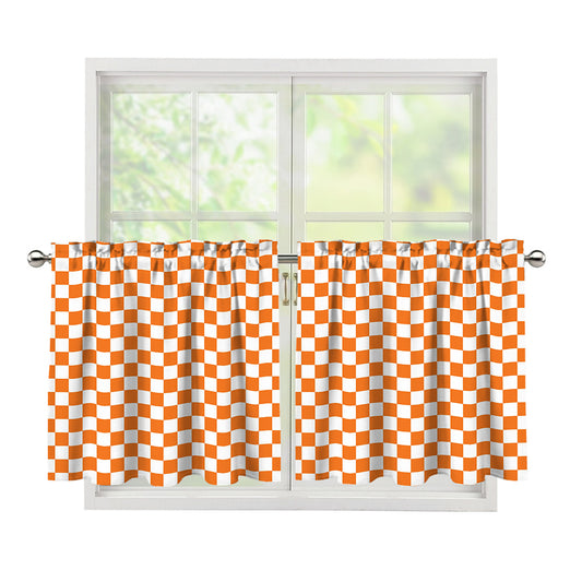 Orange And White Checkered Pattern Print Tier Curtains