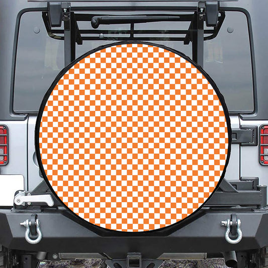 Orange And White Checkered Pattern Print Tire Cover