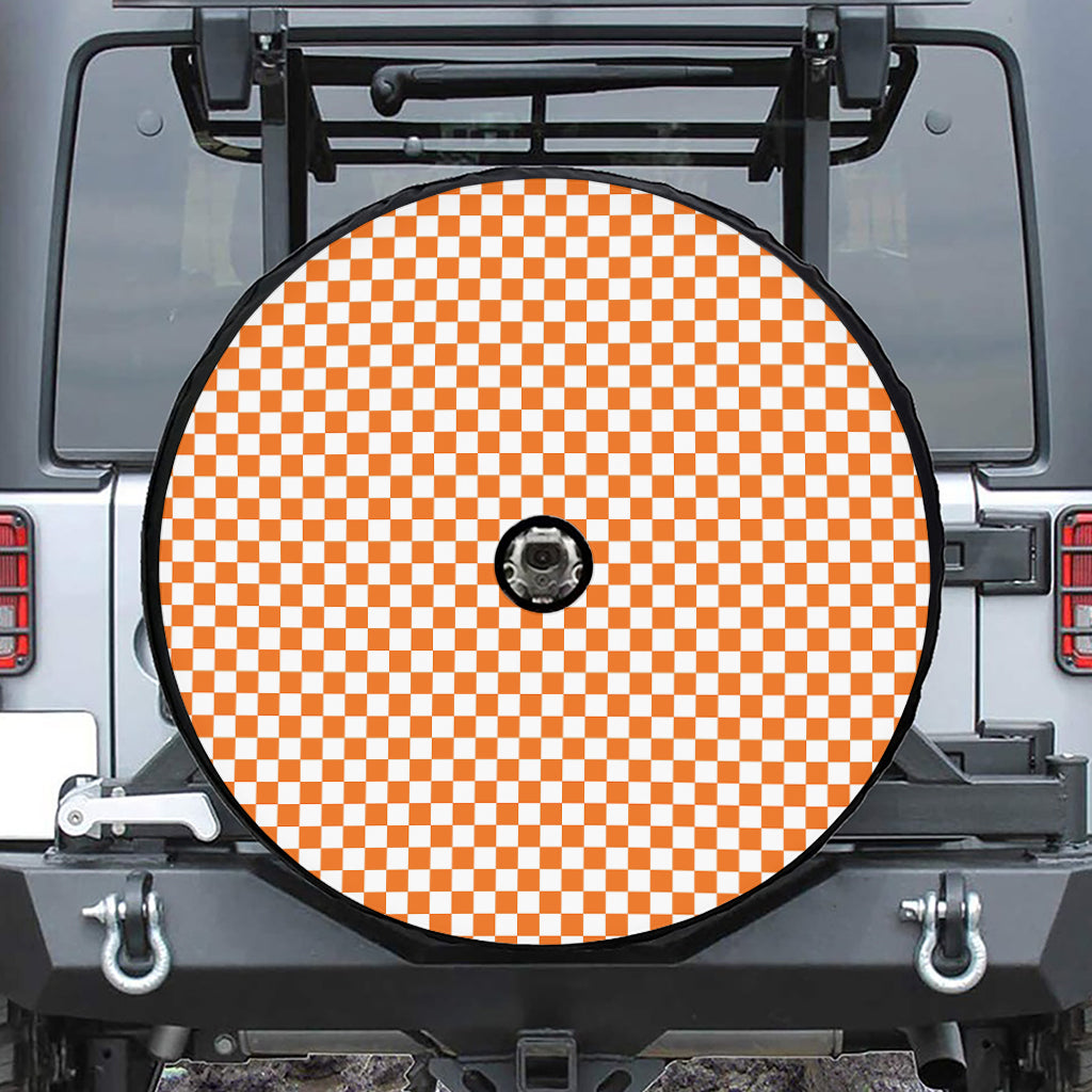 Orange And White Checkered Pattern Print Tire Cover With Camera Hole