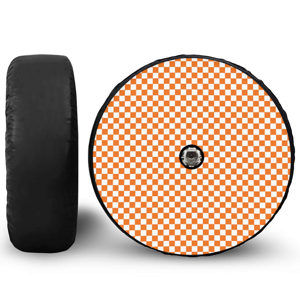 Orange And White Checkered Pattern Print Tire Cover With Camera Hole