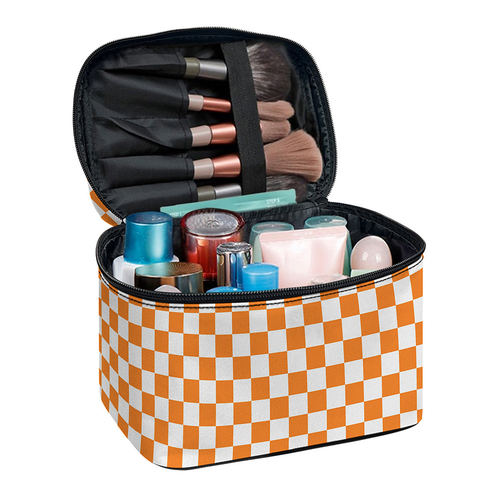 Orange And White Checkered Pattern Print Travel Makeup Bag