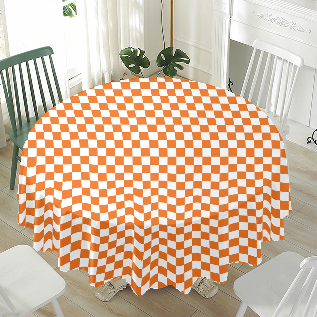 Orange And White Checkered Pattern Print Waterproof Round Tablecloth