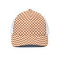 Orange And White Checkered Pattern Print White Mesh Trucker Hat