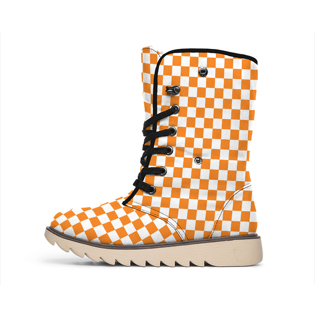 Orange And White Checkered Pattern Print Winter Boots