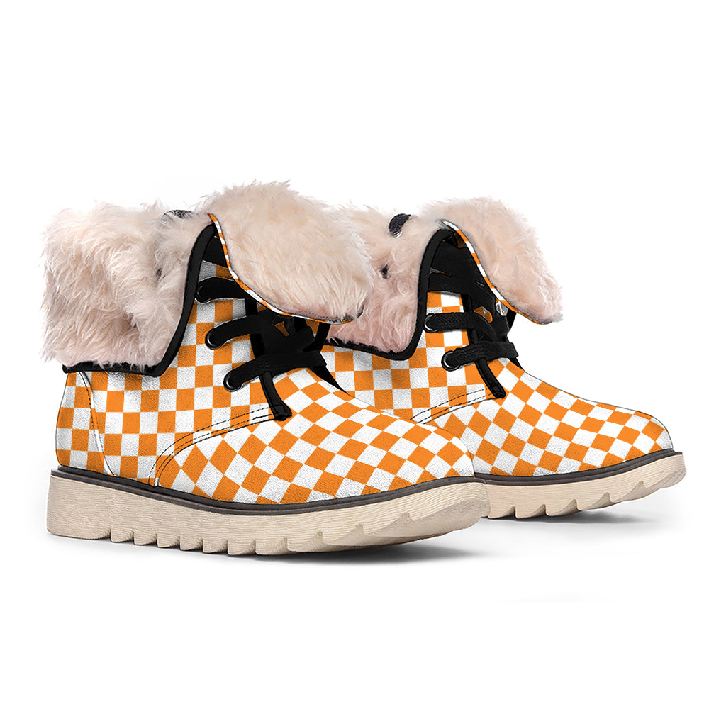 Orange And White Checkered Pattern Print Winter Boots