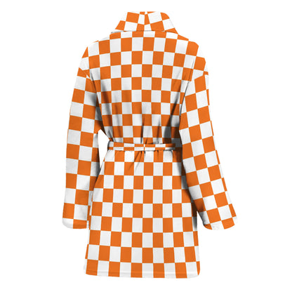 Orange And White Checkered Pattern Print Women's Bathrobe
