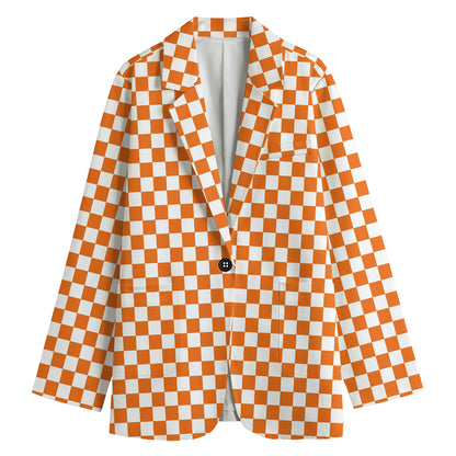 Orange And White Checkered Pattern Print Women's Blazer