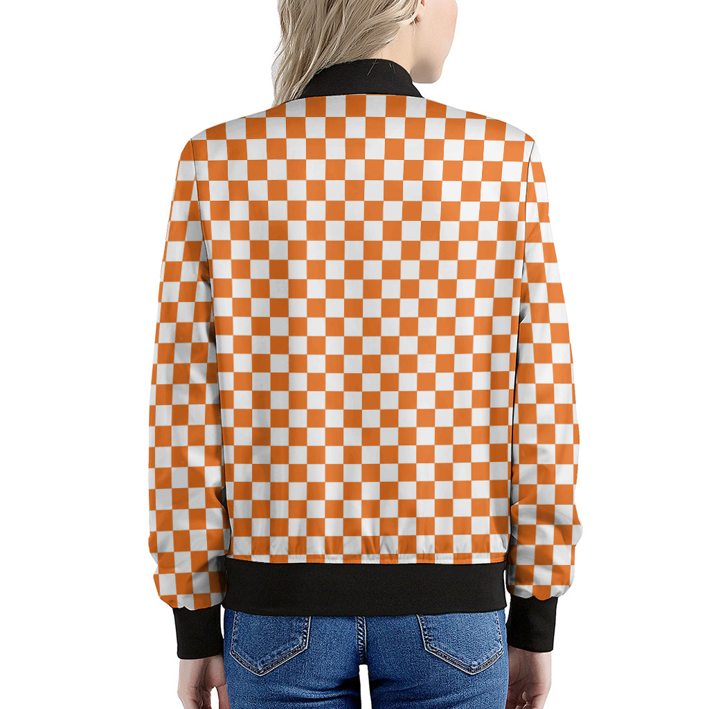 Orange And White Checkered Pattern Print Women's Bomber Jacket