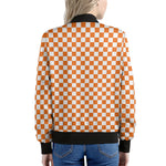 Orange And White Checkered Pattern Print Women's Bomber Jacket