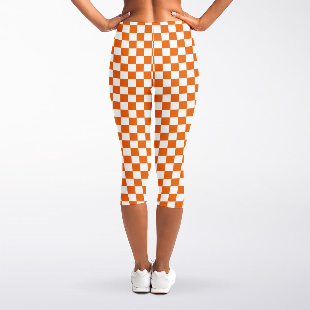 Orange And White Checkered Pattern Print Women's Capri Leggings