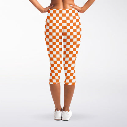 Orange And White Checkered Pattern Print Women's Capri Leggings