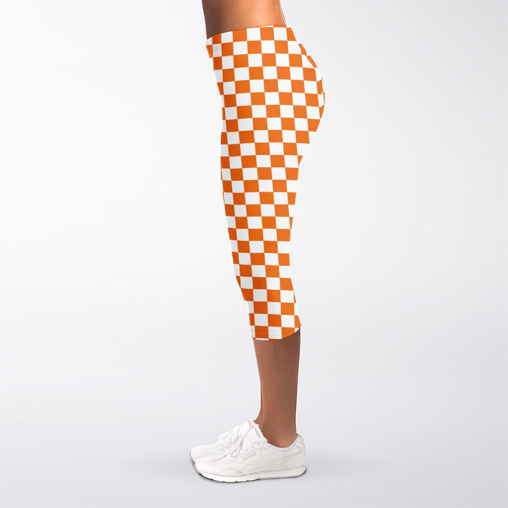 Orange And White Checkered Pattern Print Women's Capri Leggings