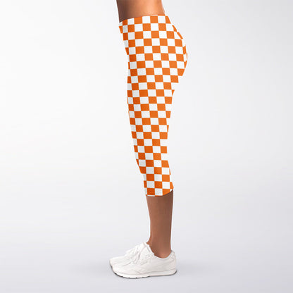 Orange And White Checkered Pattern Print Women's Capri Leggings