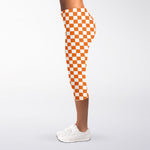 Orange And White Checkered Pattern Print Women's Capri Leggings