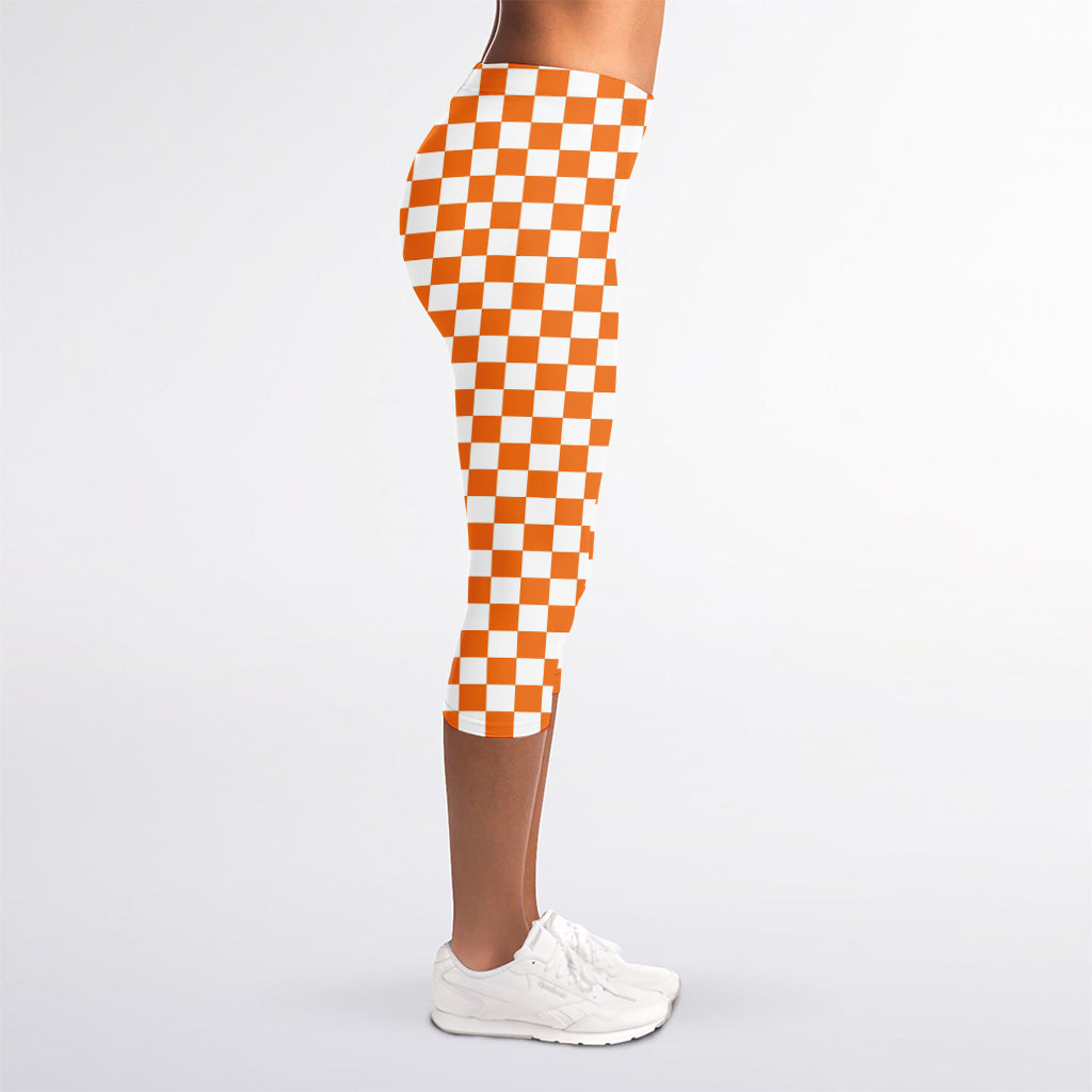 Orange And White Checkered Pattern Print Women's Capri Leggings