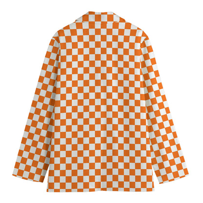 Orange And White Checkered Pattern Print Women's Cotton Blazer