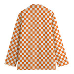 Orange And White Checkered Pattern Print Women's Cotton Blazer