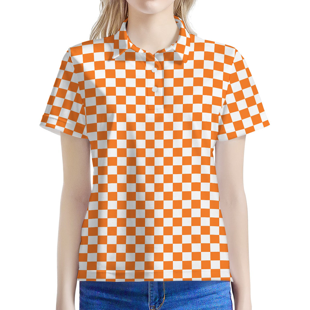 Orange And White Checkered Pattern Print Women's Polo Shirt