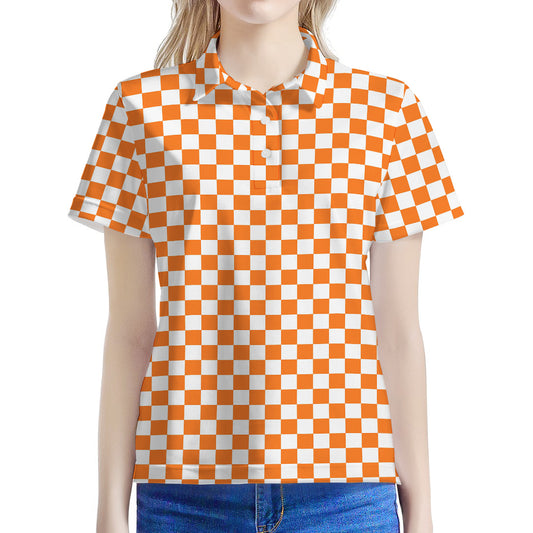 Orange And White Checkered Pattern Print Women's Polo Shirt