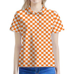 Orange And White Checkered Pattern Print Women's Polo Shirt