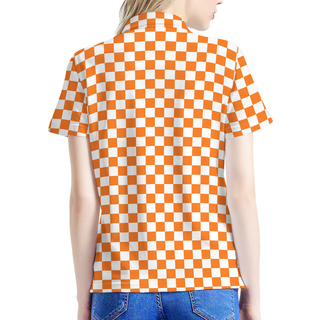 Orange And White Checkered Pattern Print Women's Polo Shirt