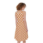 Orange And White Checkered Pattern Print Women's Sleeveless Dress