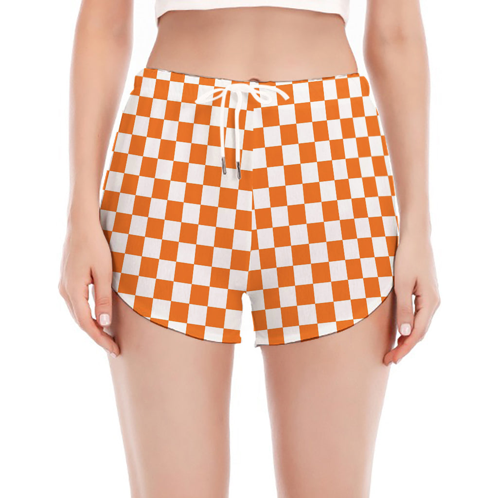 Orange And White Checkered Pattern Print Women's Split Running Shorts