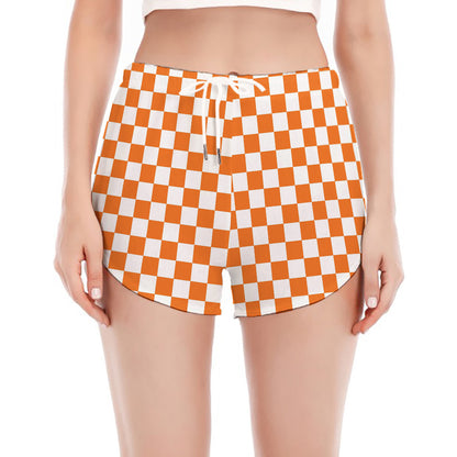 Orange And White Checkered Pattern Print Women's Split Running Shorts