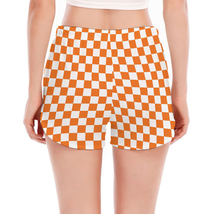 Orange And White Checkered Pattern Print Women's Split Running Shorts