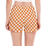 Orange And White Checkered Pattern Print Women's Split Running Shorts