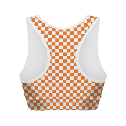 Orange And White Checkered Pattern Print Women's Sports Bra