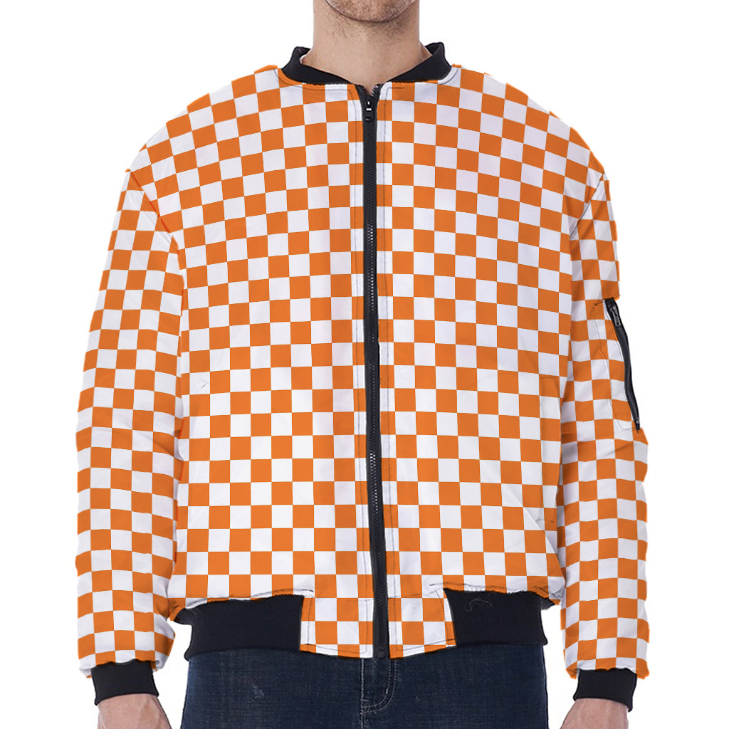 Orange And White Checkered Pattern Print Zip Sleeve Bomber Jacket