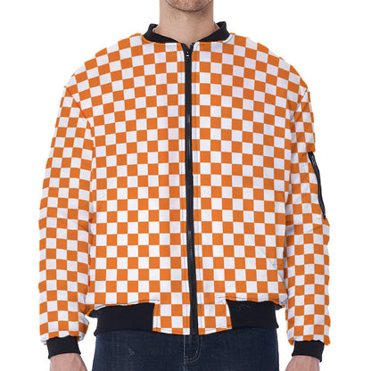 Orange And White Checkered Pattern Print Zip Sleeve Bomber Jacket