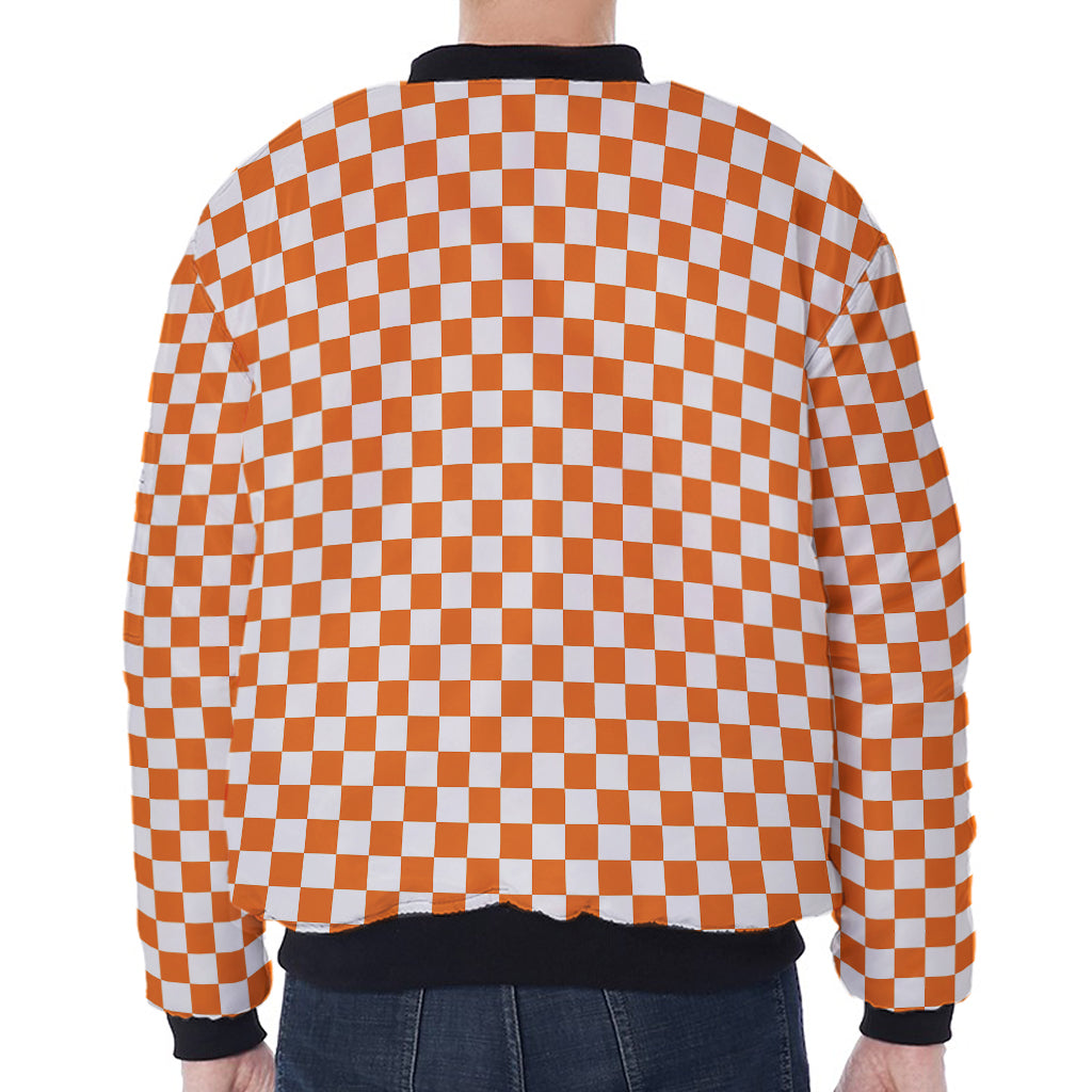 Orange And White Checkered Pattern Print Zip Sleeve Bomber Jacket