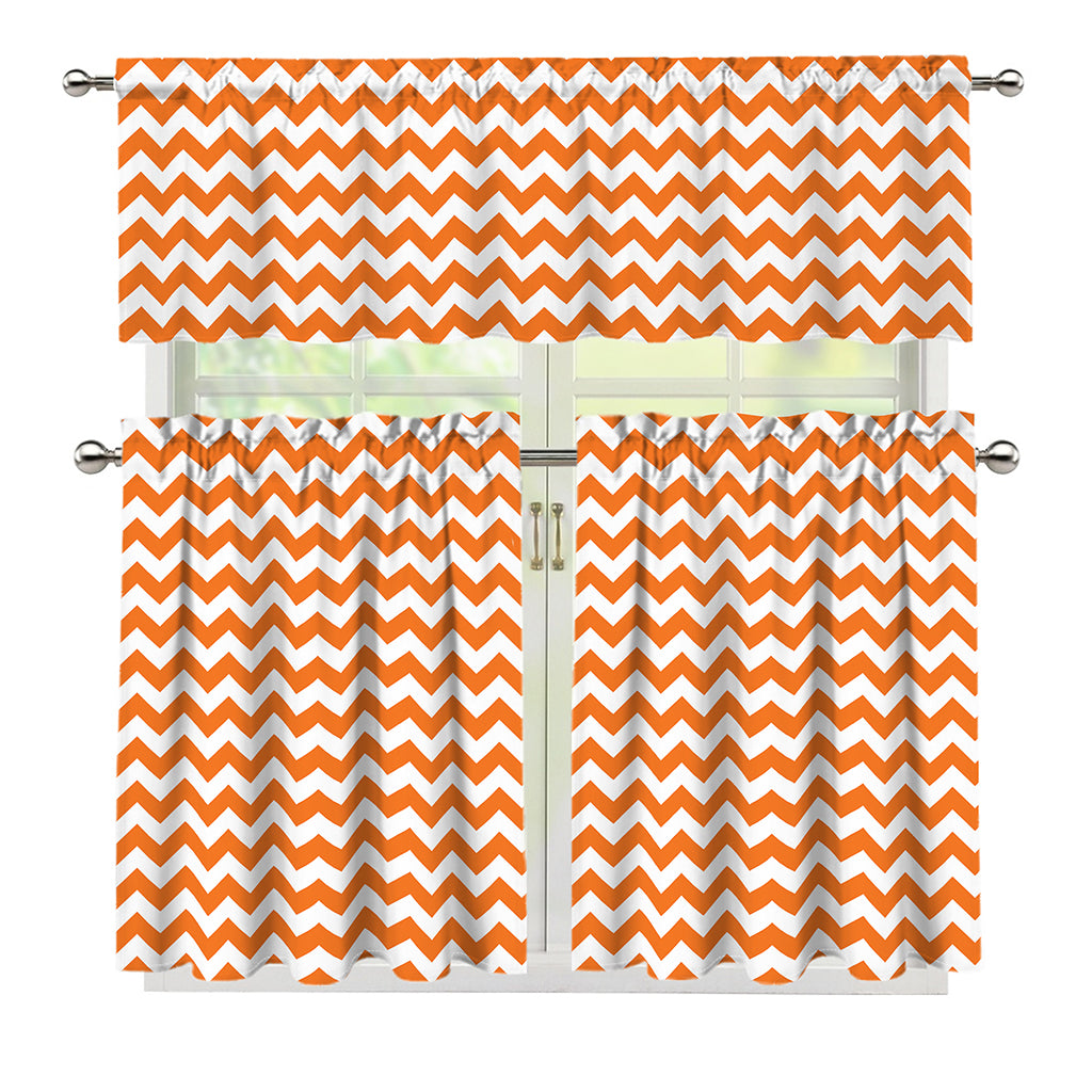 Orange And White Chevron Pattern Print 3 Piece Kitchen Curtains