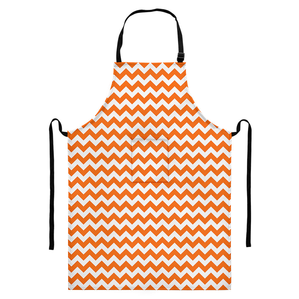 Orange And White Chevron Pattern Print Bib Apron With Pocket