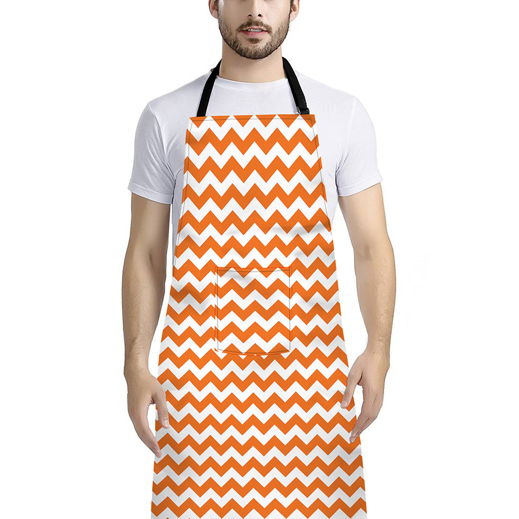 Orange And White Chevron Pattern Print Bib Apron With Pocket