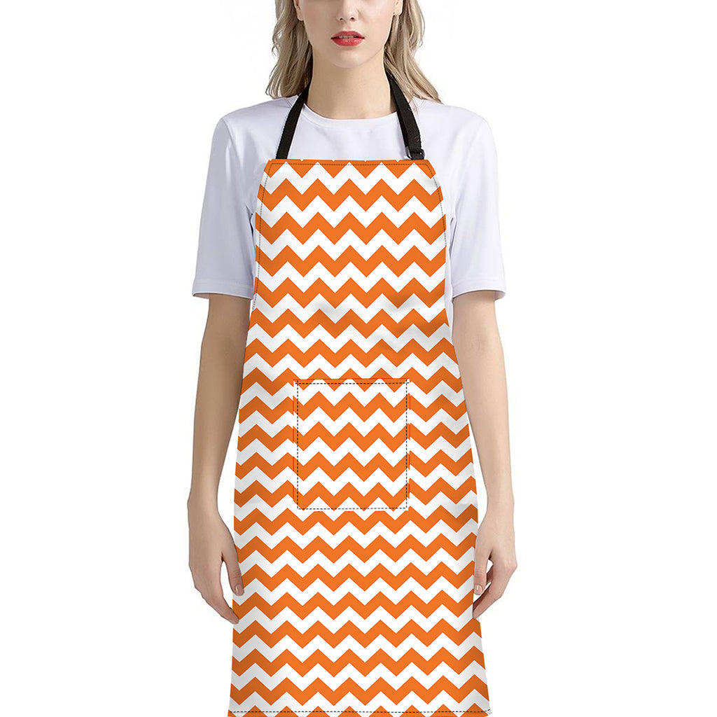 Orange And White Chevron Pattern Print Bib Apron With Pocket