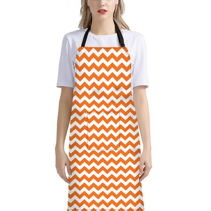 Orange And White Chevron Pattern Print Bib Apron With Pocket