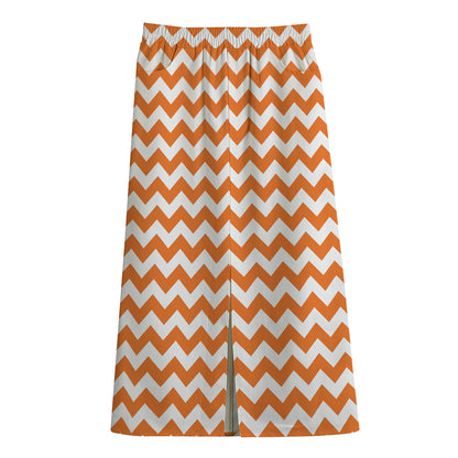 Orange And White Chevron Pattern Print Cotton Front Slit Maxi Skirt
